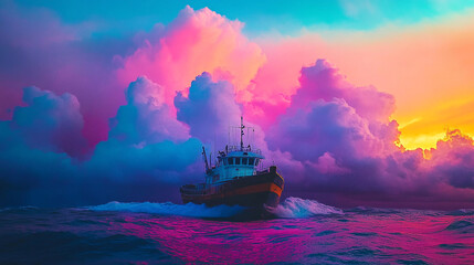 Fototapeta premium Vibrant sunset colors illuminate a boat navigating through restless ocean waters
