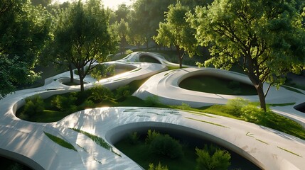 Fototapeta premium A park where trees and paths flow and curve in surreal shapes.