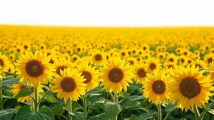 Fototapeta premium Vibrant Sunflower Field, A Stunning Expanse of Bright Yellow Blooms Against a White Background
