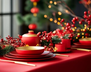 A festive dining table beautifully decorated in red and gold, adorned with vibrant greenery and soft glowing lights for celebration.