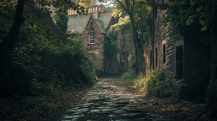 Quiet cobblestone path leading through an overgrown village on a misty morning