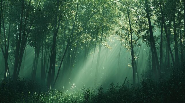 Lush green forest with tall trees illuminated by soft rays of sunlight filtering through the dense foliage, creating a serene and mystical atmosphere with deep shadows and vibrant shades of green, enc