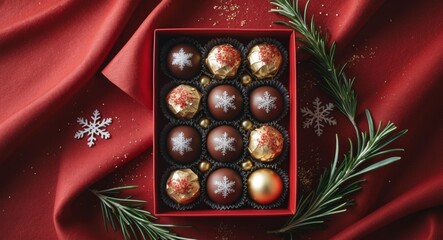 Obraz premium Box of assorted chocolates with festive decorations on a cozy red fabric backdrop.