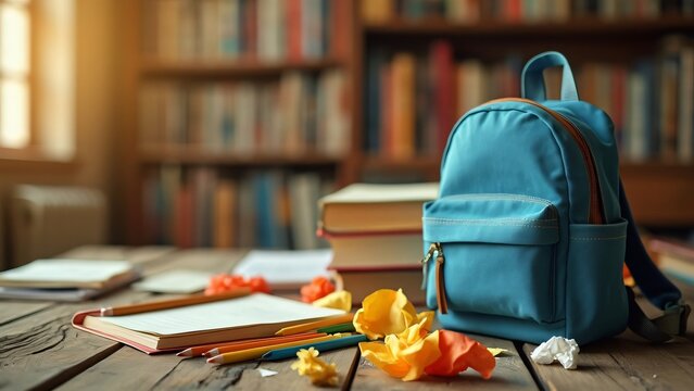 Backpack with school supplies on wooden table near bookshelf - back to school concept - Powered by Adobe