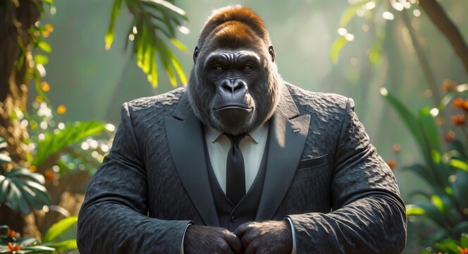 Powerful Gorilla in a Suit Poses in a Lush Jungle