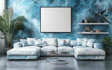 Modern living room interior with blue marble wall, sectional sofa, and blank canvas mockup.