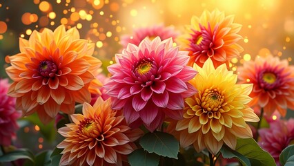 Fototapeta premium Vibrant Sunset Dahlias, Hot Pink, Orange, and Yellow Blooms in Golden Light - AI Generated Floral Banner