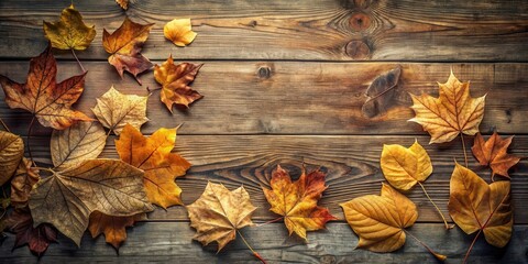 Fototapeta premium Autumnal foliage arranged on rustic wood background, perfect for seasonal designs and fall themed projects.