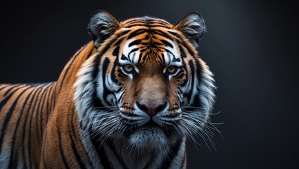 Majestic tiger intensifies gaze in a dark backdrop showcasing its striking fur and fierce expression.