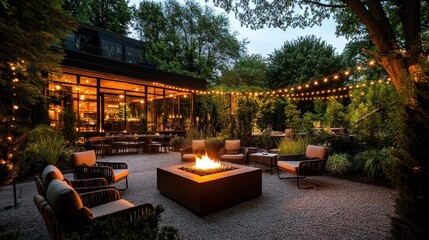 Obraz premium Serene Evening at a Luxurious Outdoor Patio with Fire Pit