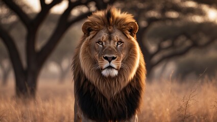 Fototapeta premium A strong lion in the wild standing tall with an imposing and regal posture