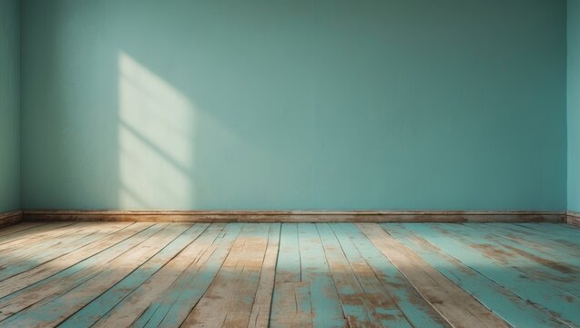 Empty Room Interior with Vintage Wood Floor and Turquoise Wall for Poster or Picture Frame Design.