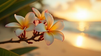 Serene Hawaiian Sunset, Soft Focus Plumeria Blossoms on Golden Sand Beach