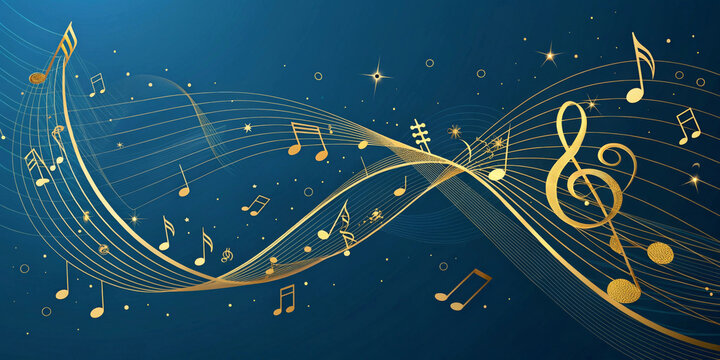 A harmonic swirl of golden notes and symbols dances on the deep blue background, creating a sense of rhythm and melody. They are interspersed with stars and circles, enhancing the composition. AI gene