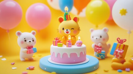 Digital illustration of a cheerful birthday party with cute animal figures and festive decor