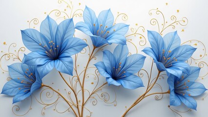 Elegant Blue Flowers with Golden Vines, AI-Generated Floral Art Print