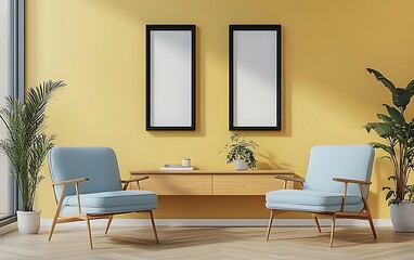 Two light blue armchairs face each other in a sunlit room with yellow walls, wooden floors, and plants.