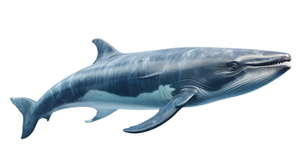 Obraz premium Blue whale tail fluke diving into ocean depths, creating a splash of water under sunlight, studio view, isolated on transparent background.