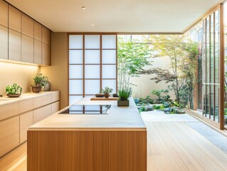 A kitchen with a wooden island and a large window. The window has a view of a garden