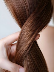 Fototapeta premium Close up of woman holding a strand of beautiful healthy hair on white background hair care and beauty concept
