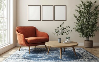 Modern living room interior with orange armchair, wooden coffee table, plants, and blue rug.