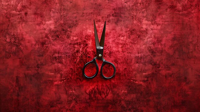 Solid ruby red background with a small black scissor motif in the center.