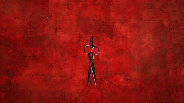 Solid ruby red background with a small black scissor motif in the center.