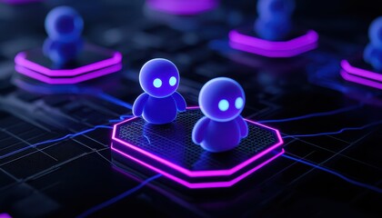 Futuristic digital scene featuring glowing humanoid figures on a network platform.