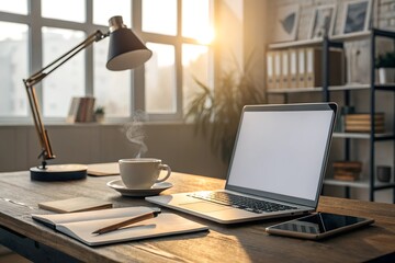 Modern laptop with blank screen on cozy office desk