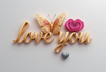 Love Message Art. Modern 3D typography "love you" with pink butterfly, rose and silver heart on white background.