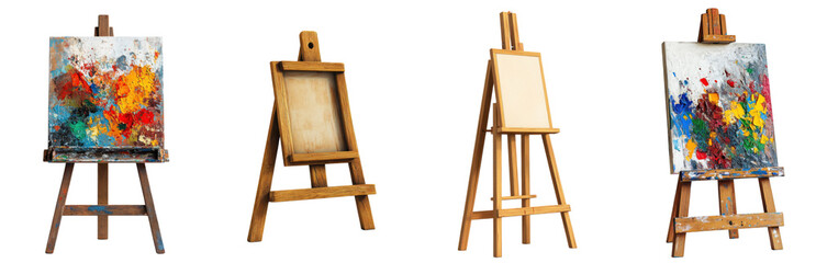 Wooden Easels with Abstract Paintings and Blank Canvases for Artists and Creative Inspiration PNG Icon on transparent background