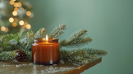 Scented candle in an amber glass jar and pine branches on a wooden table 