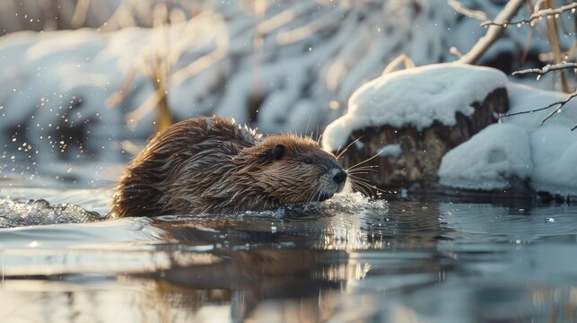 A beaver is swimming in the water