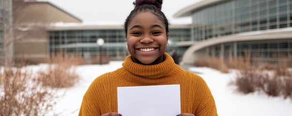High school admission celebration outside building student smiling winter scene