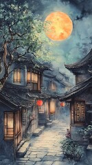 Fototapeta premium Serene Moonlit Night in an Ancient Chinese Village