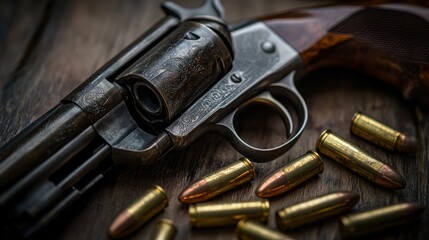 An antique revolver lies on a rustic wooden surface surrounded by shiny bullet cartridges. The intricate details of the weapon highlight its craftsmanship and history