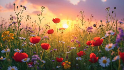 Fototapeta premium Vibrant Wildflower Meadow at Sunset, Poppies, Daisies, and Blooming Flowers in a Lush Green Field