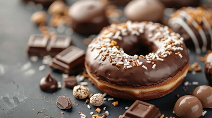 Decadent chocolate donut encircled by assorted chocolate delights on a dark background