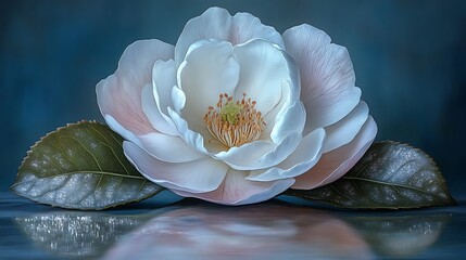 Serene White Camellia Flower with Leaves Reflected in Water