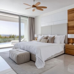 A large white bed with a wooden headboard and a wooden nightstand