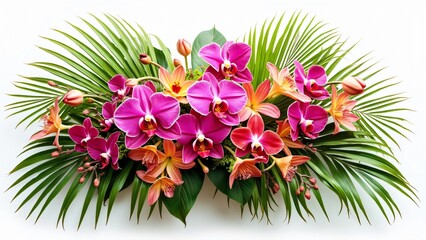 Vibrant Tropical Orchid Floral Arrangement with Lush Palm Fronds - Exotic Botanical Bouquet on White Background