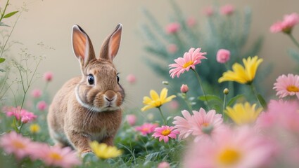 Obraz premium Playful bunny in garden with pink and yellow flowers.