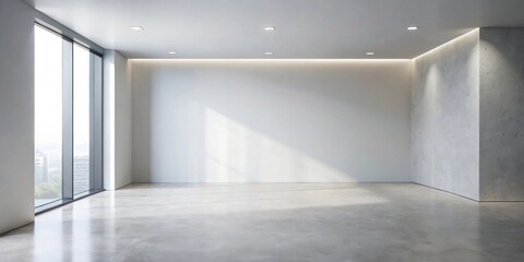 Fototapeta premium Modern Empty Room with Concrete Wall and Large Window Featuring Sunlit Floor