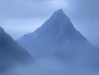 Mountain peak hidden in mist, with rain droplets visibly streaking down