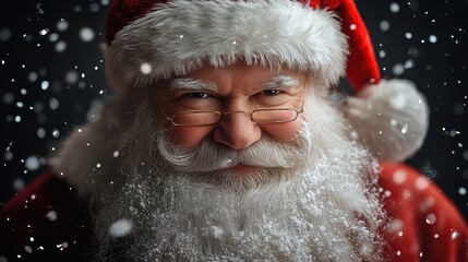 Santa Claus displays a joyful expression, wearing his traditional red suit and hat while snowflakes gently fall around him, creating a festive holiday atmosphere. Generative AI