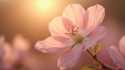Obraz premium Soft Pink Flower Blossom in Golden Sunset Light, Close-up Macro Photography of Delicate Petals