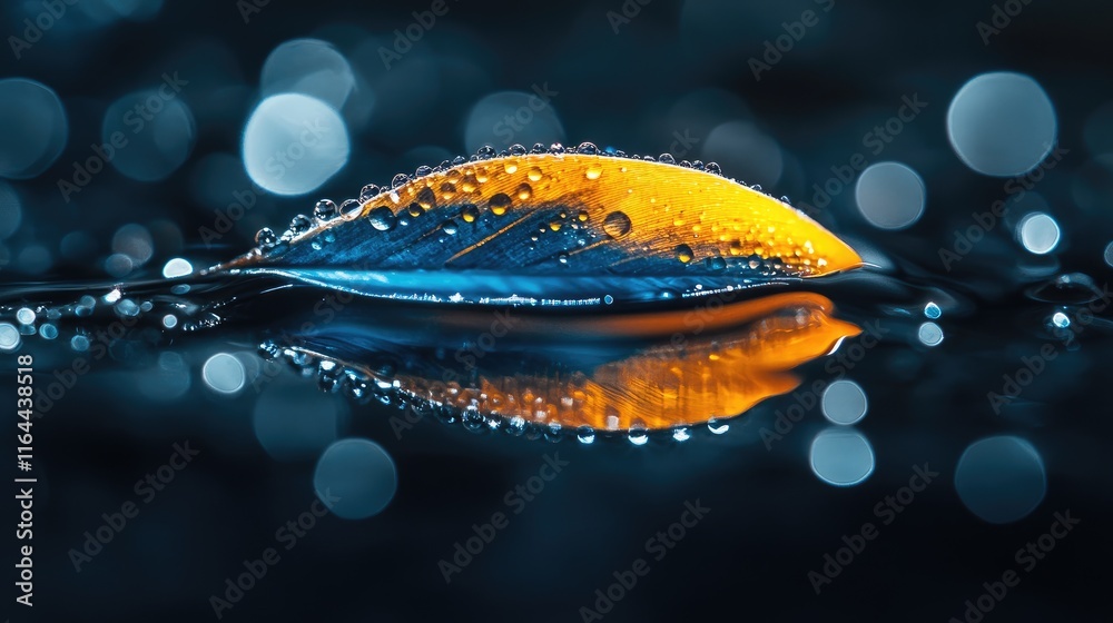 Wall mural bokeh water droplets on leaf with reflection in dark background macro photography