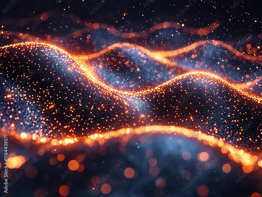 Poster glowing quantum processor particles flowing in secure digital communication concept