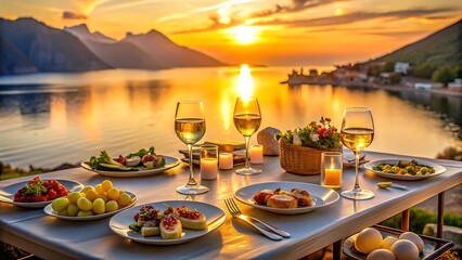 Experience a romantic sunset dinner with Mediterranean landscape, gourmet appetizers, and elegant table setting, perfect for a luxurious, alfresco dining experience.