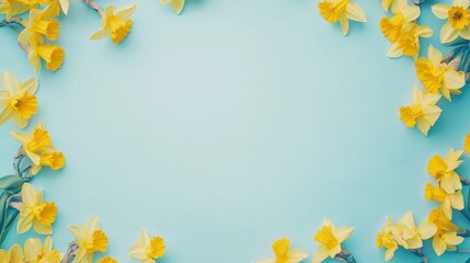 Obraz premium Vibrant yellow daffodils arranged in a flat lay on a light blue background with ample text space for spring themed designs